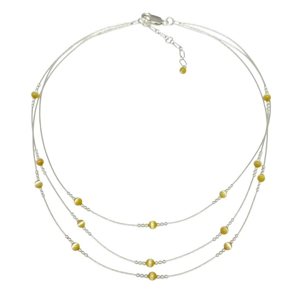 Vintage Sterling Silver 925 3-Strand Yellow Cat’s Eye Bead Necklace | 17.5”